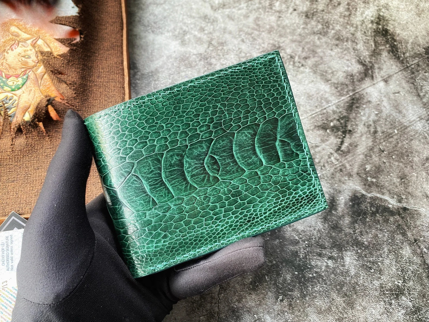 Green Ostrich Leg Leather Wallet