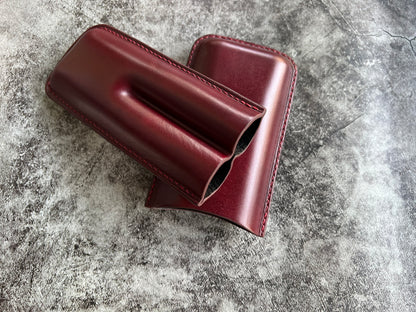 Handmade Wine Leather Cigar Case, Leather Cigar Humidor, 2 to 3 Tubes Cigar Case