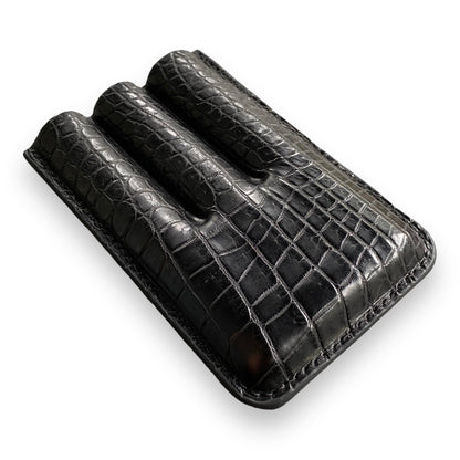 Handmade Luxury Black Alligator Cigar Case, Leather Cigar Humidor, 2 to 3 Tubes Cigar Case