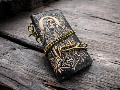 Santa Muerte Leather Carving Long Wallet
