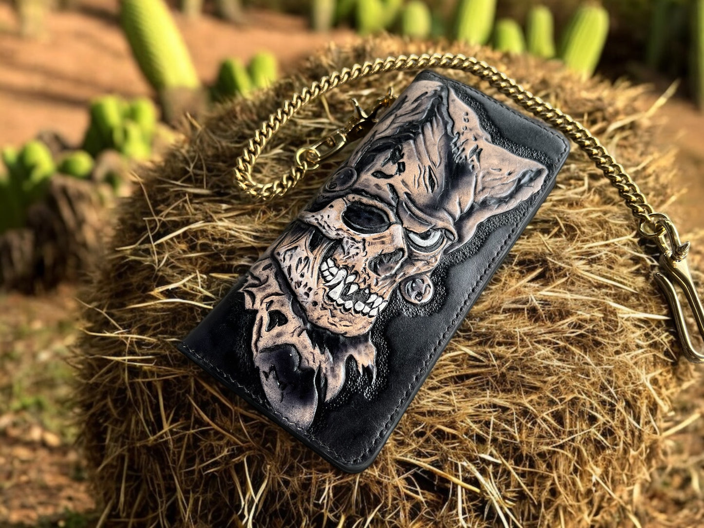 Skull Joker Leather Carving Long Wallet