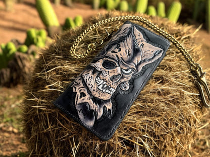 Skull Joker Leather Carving Long Wallet