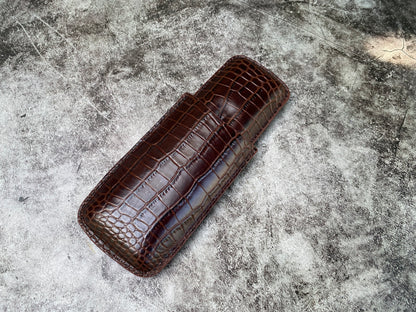 Handmade Dark Brown Italy Printed Cowhide Leather Cigar Case, Leather Cigar Humidor, 2 to 3 Tubes Cigar Case