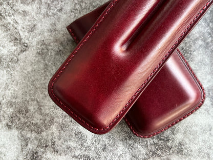 Handmade Wine Leather Cigar Case, Leather Cigar Humidor, 2 to 3 Tubes Cigar Case