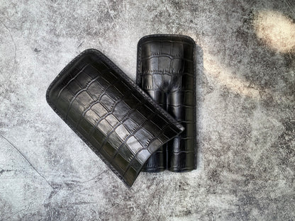 Handmade Black Italy Printed Cowhide Leather Cigar Case, Leather Cigar Humidor, 2 to 3 Tubes Cigar Case
