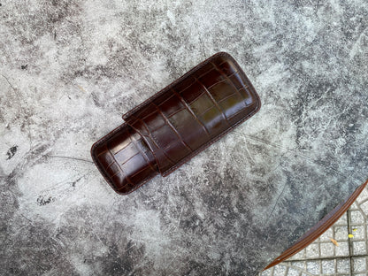 Handmade Brown Italy Printed Cowhide Leather Cigar Case, Leather Cigar Humidor, 2 to 3 Tubes Cigar Case