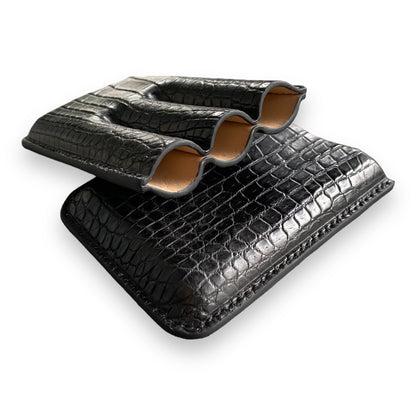Handmade Luxury Black Alligator Cigar Case, Leather Cigar Humidor, 2 to 3 Tubes Cigar Case