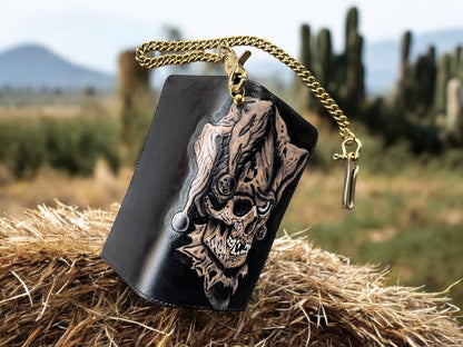 Skull Joker Leather Carving Long Wallet