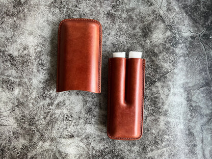 Handmade Cognac Leather Cigar Case, Leather Cigar Humidor, 2 to 3 Tubes Cigar Case