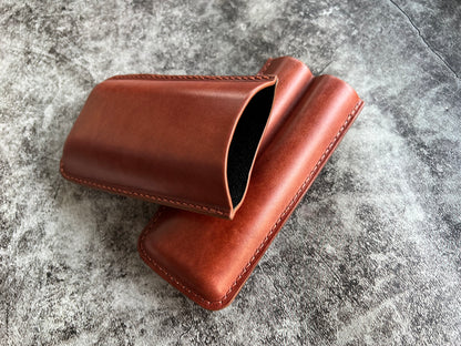 Handmade Cognac Leather Cigar Case, Leather Cigar Humidor, 2 to 3 Tubes Cigar Case