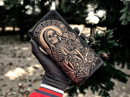 Santa Muerte Leather Carving Long Wallet