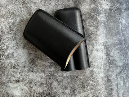 Handmade Black Leather Cigar Case, Leather Cigar Humidor, 2 to 3 Tubes Cigar Case