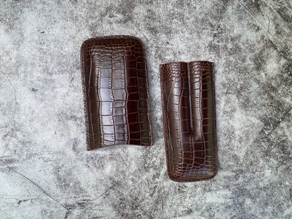 Handmade Dark Brown Italy Printed Cowhide Leather Cigar Case, Leather Cigar Humidor, 2 to 3 Tubes Cigar Case