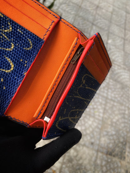 Custom Navy Blue Lizard Mix Gold Wallet with Coin Pocket