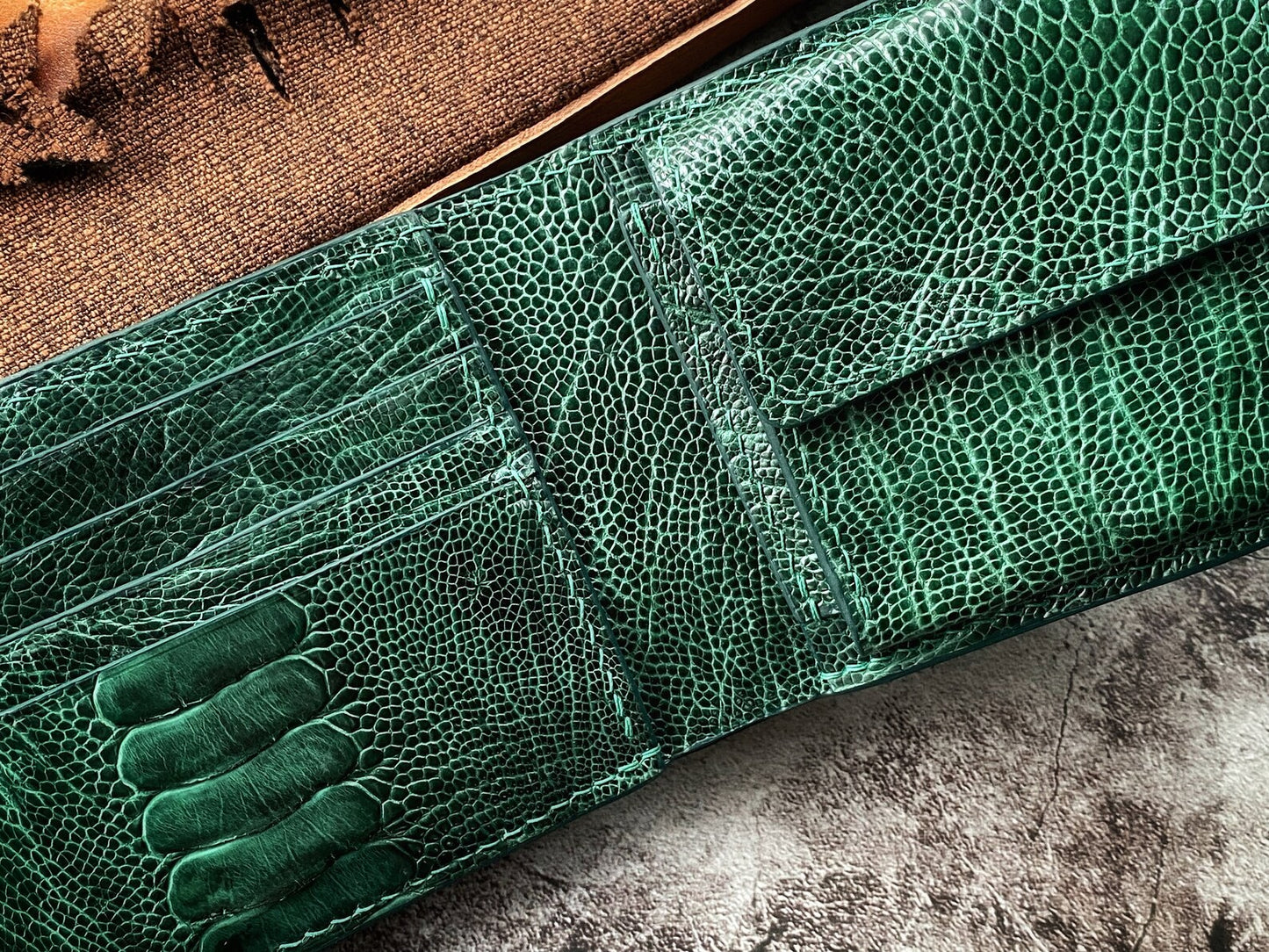 Custom Green Ostrich Leg Wallet with Coin Pocket