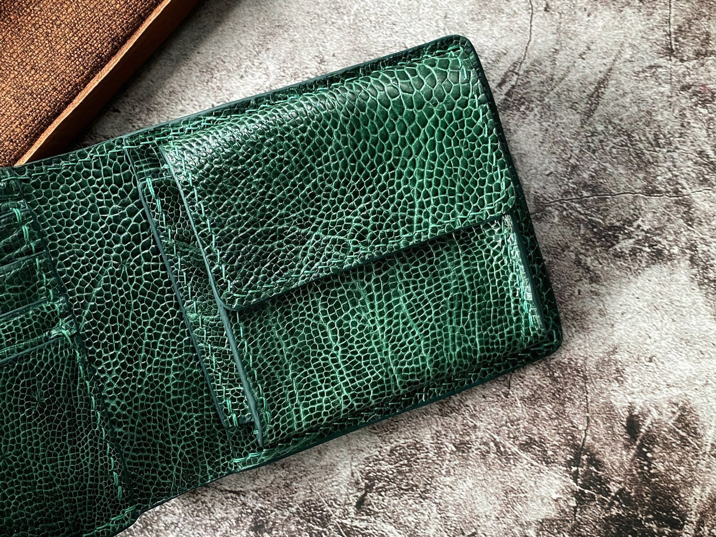 Custom Green Ostrich Leg Wallet with Coin Pocket