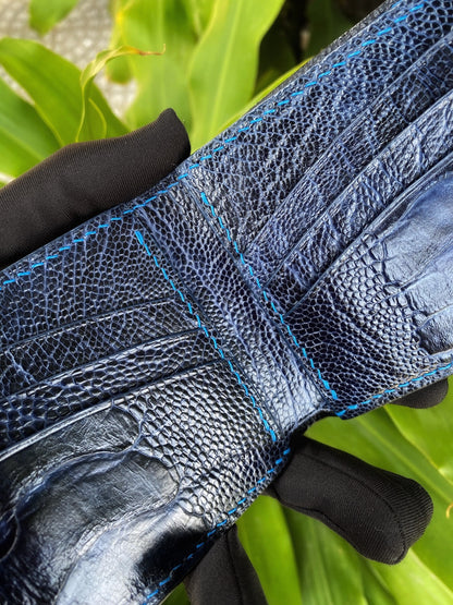 Custom Black And Navy Blue Ostrich Leg Leather Wallet