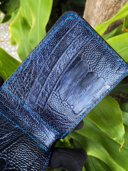 Custom Black And Navy Blue Ostrich Leg Leather Wallet