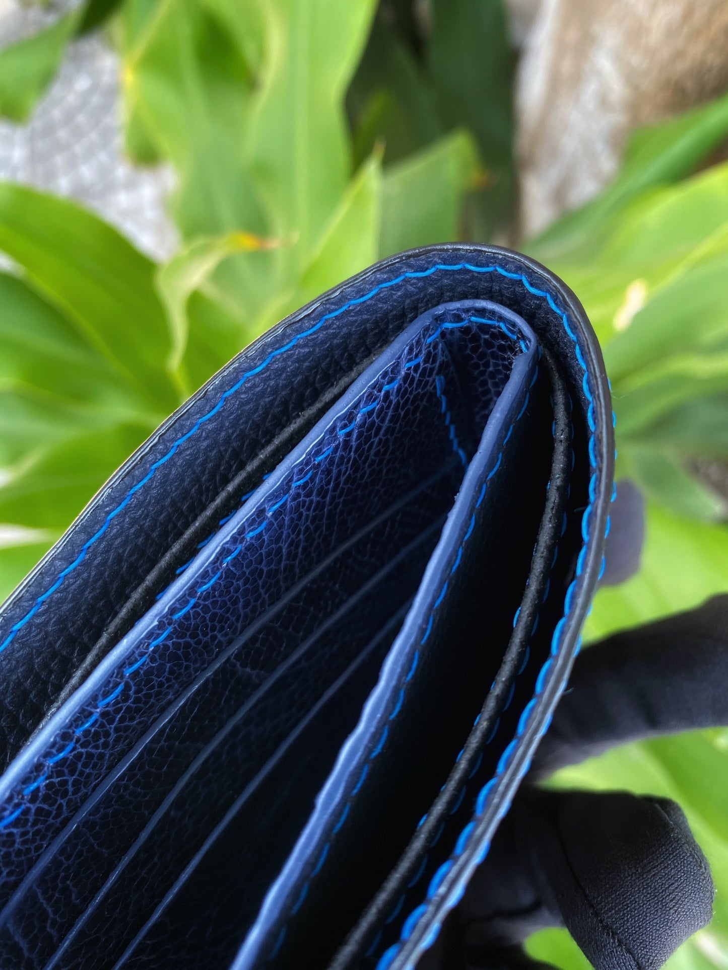 Custom Black And Navy Blue Ostrich Leg Leather Wallet