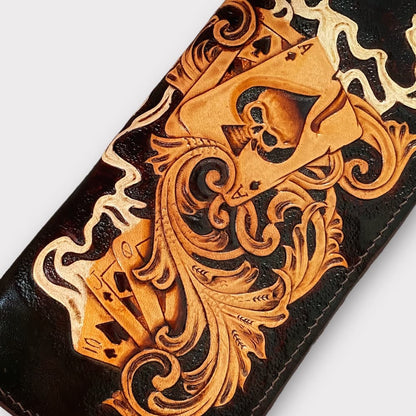 Custom Hand-Carved Skull Ace Card Long Wallet